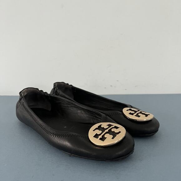 Tory Burch Shoes - Tory Burch Minnie Black Leather Gold Logo Elastic Heel Ballet Flats